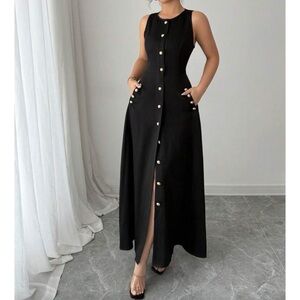 Solid Black Button Down Sleeveless Midi Dress S M L XL